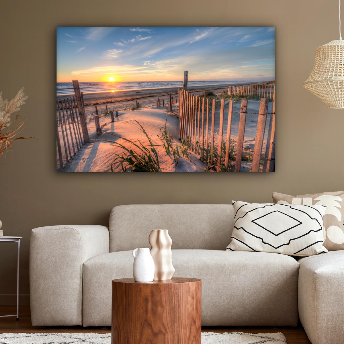 LEINWANDBILD Strand - Meer - Düne - Sonnenuntergang - Landschaft Wohnzimmer Groß 120x80 cm - Beige, Textil (120/80cm) - MuchoWow