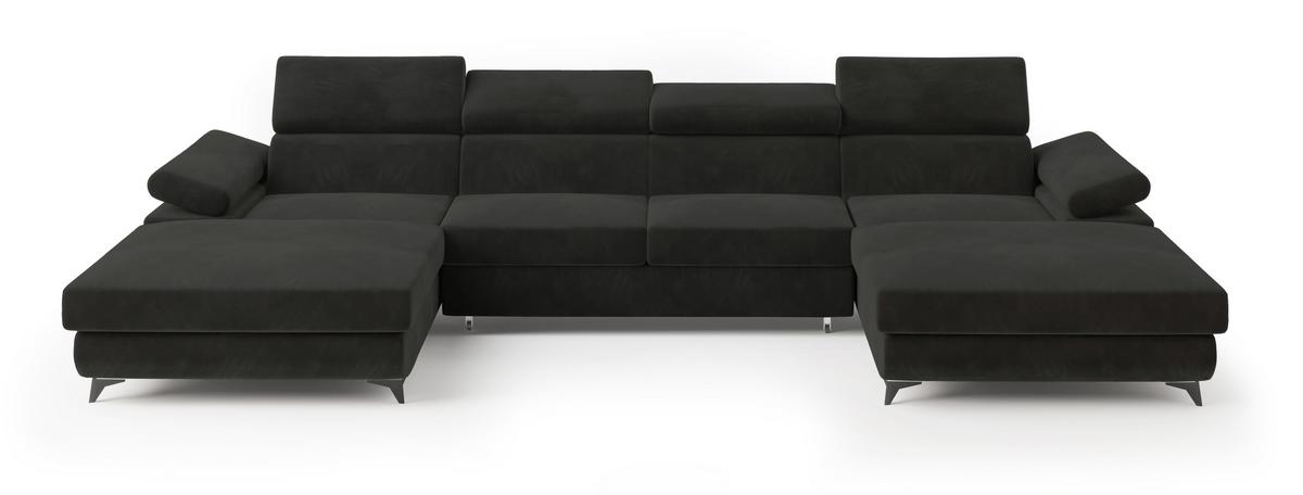 WOHNLANDSCHAFT DETTI Schwarz Velours-Stoff mit Schlaffunktion - Schwarz, Holz (339/89/190cm) - MASSENO