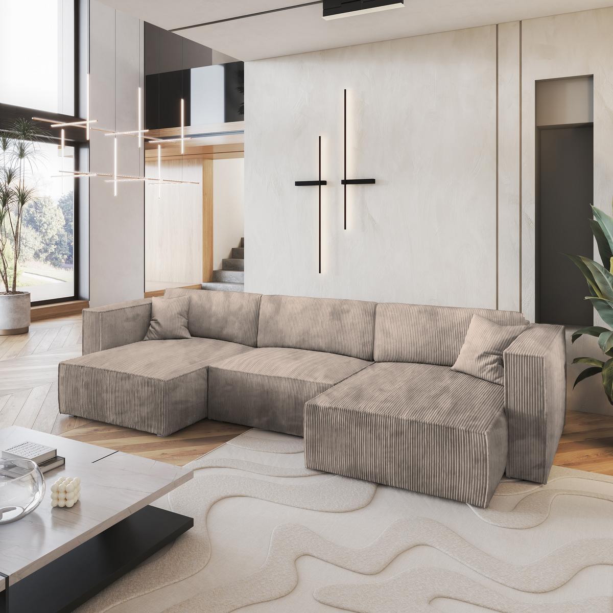 WOHNLANDSCHAFT SARMO P Beige Kordstoff mit Schlaffunktion - Beige/Grau, Holz/Kunststoff (347/70/148cm) - MASSENO