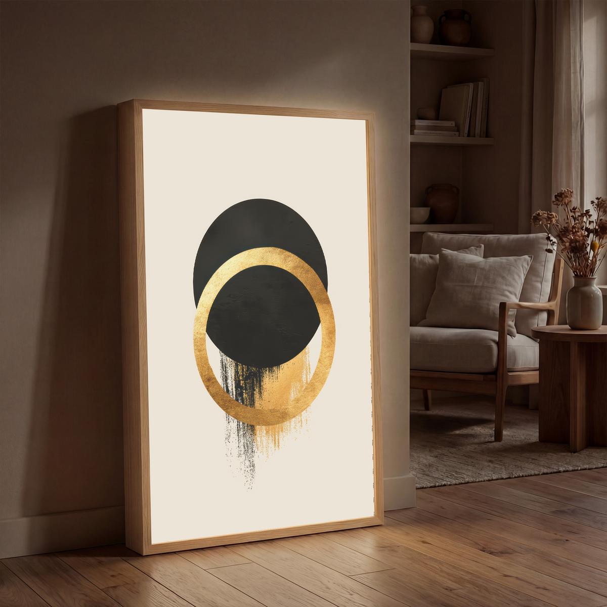 WANDLEUCHTE MIT AKKU Abstraktes Design - Schwarzer Kreis - Farbflecken 60x90 cm - Creme, Holzwerkstoff (60/90/8cm) - OnlyWow