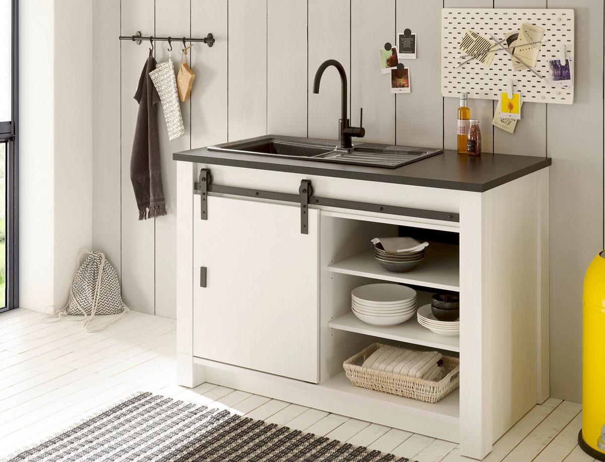 KÜCHEN-SET weiß Pinie, anthrazit Landhaus 5-teilig, Küchenschrank Set mit Theke - Anthrazit/Schwarz, Holzwerkstoff/Metall (133/106/64cm) - Furn.Design