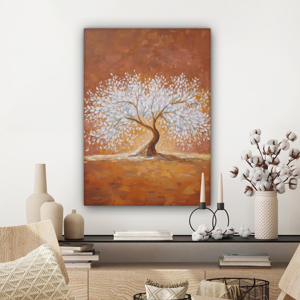 LEINWANDBILD Abstrakt - Baum - Weiß - Blätter Wandbild Wohnzimmer 60x80 cm - Braun, Textil (60/80cm) - MuchoWow