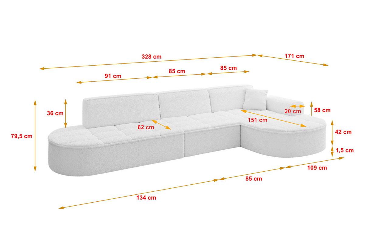 ECKSOFA Ottomane Rechts TARO-L2 - 328x171x79,5 cm Weiß - Weiß, Holzwerkstoff/Textil (328/171cm) - ALTDECOR