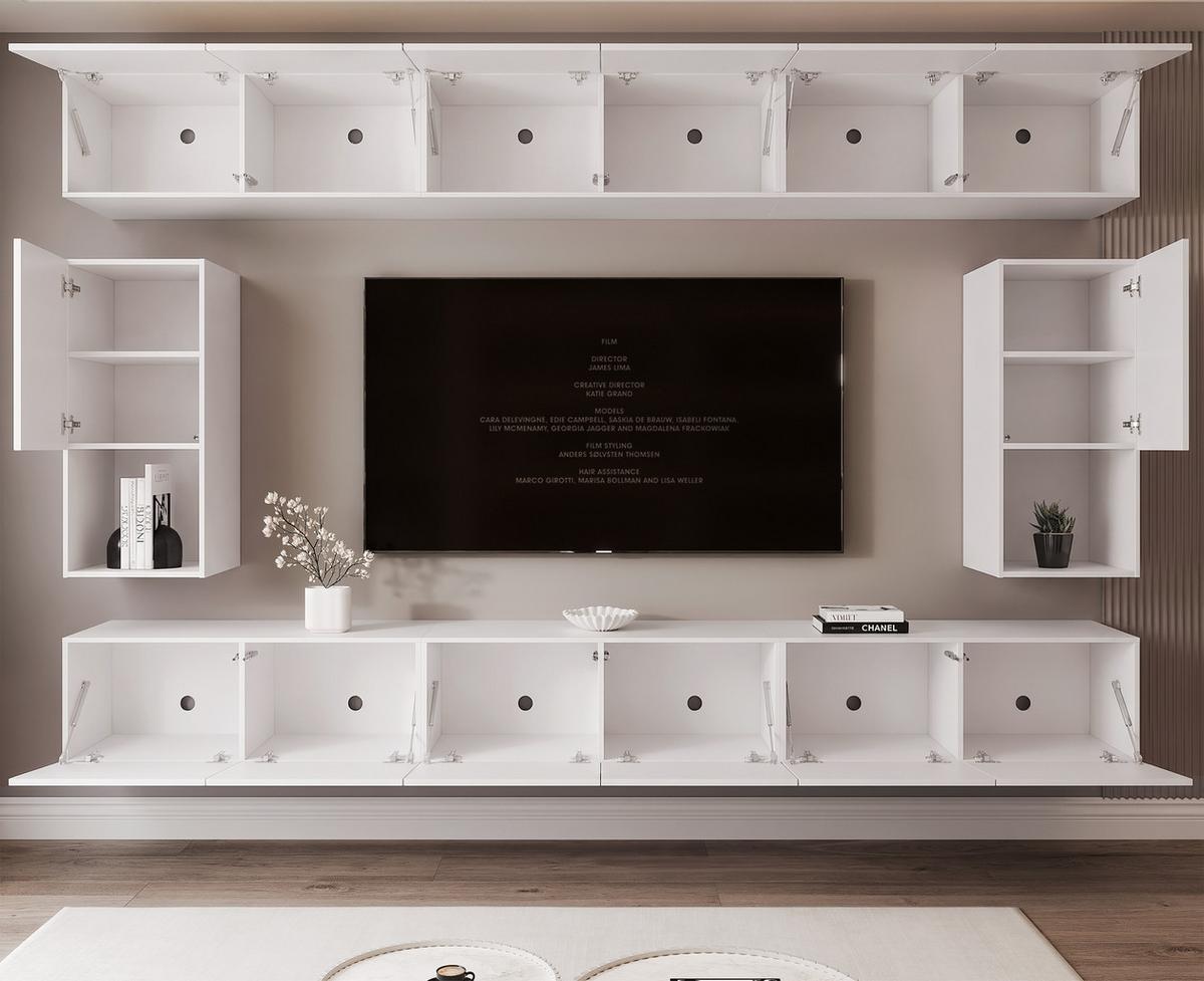 WOHNWAND ANGEL LINE IV 4-teilig, mit LED-Beleuchtung, Weiß matt - Weiß, Holzwerkstoff (300/162/40cm) - Idohome