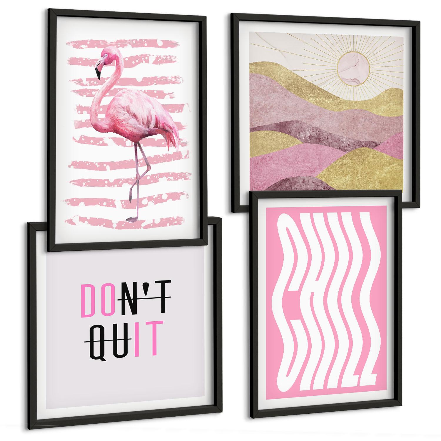 BILDER SET 4er Set - 50x50 cm & 40x60 cm Schwarzer Rahmen - Pastellfarbene Berglandschaft mit rosa Flamingos - Schwarz, Kunststoff (50/50cm) - TULUP