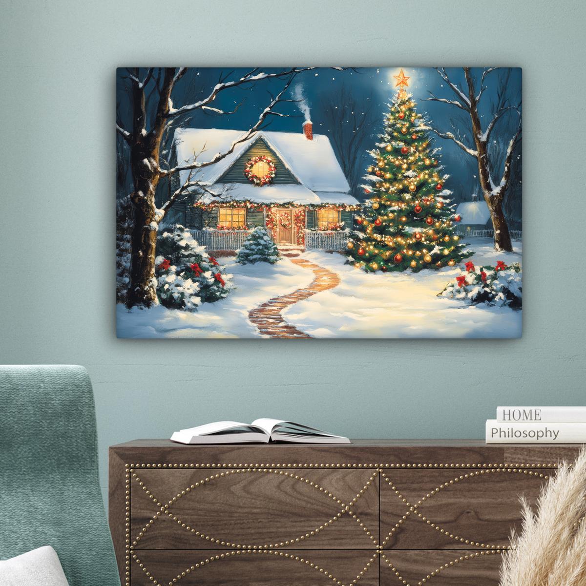 LEINWANDBILD Weihnachten - Weihnachtsbaum - Winter - Zuhause - Schnee Gemälde 60x40 cm - Smaragdgrün, Textil (60/40cm) - MuchoWow
