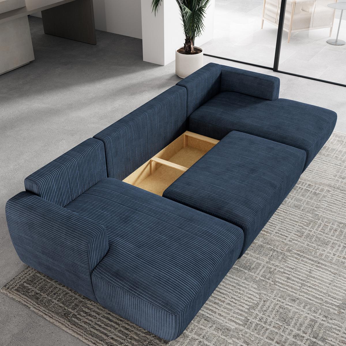 WOHNLANDSCHAFT SENTUM P Blau Kordstoff mit Schlaffunktion - Blau/Schwarz, Holz/Kunststoff (330/90/148cm) - MASSENO