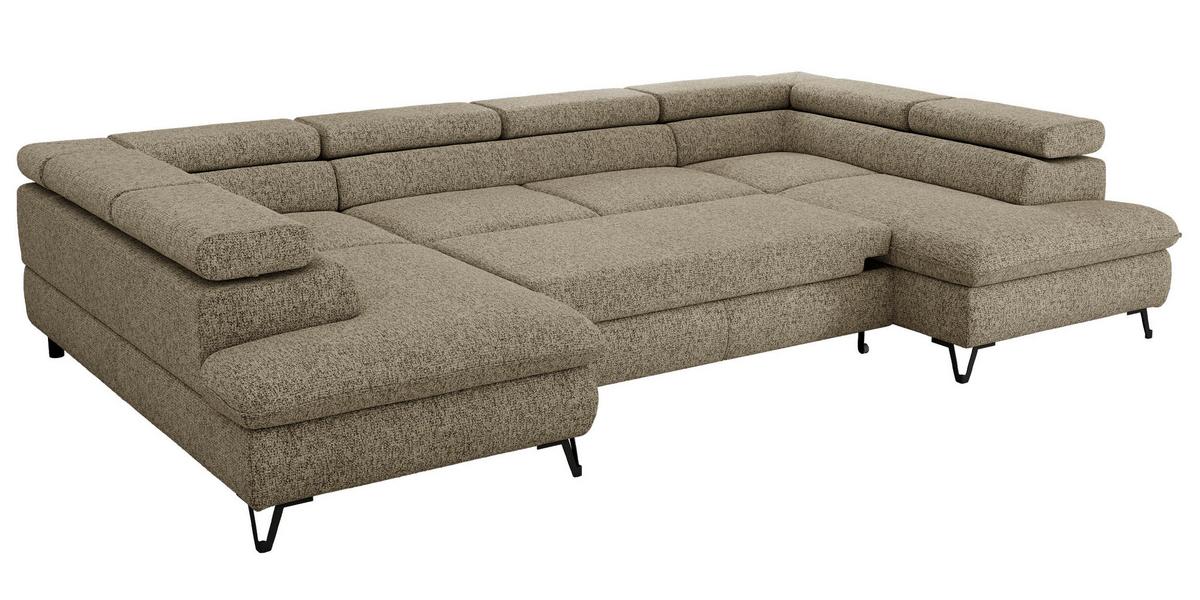 WOHNLANDSCHAFT PABLO U Strukture Dunkelbeige mit Topper Visco - Greige/Schwarz, Textil/Metall (346/76/208cm) - MKS