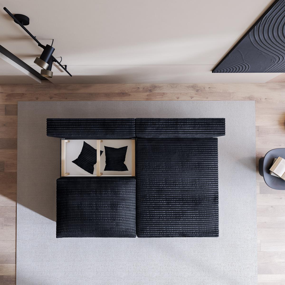 ECKSOFA FIORO Schwarz Kordstoff mit Schlaffunktion - Schwarz, Holz (204/148cm) - MASSENO