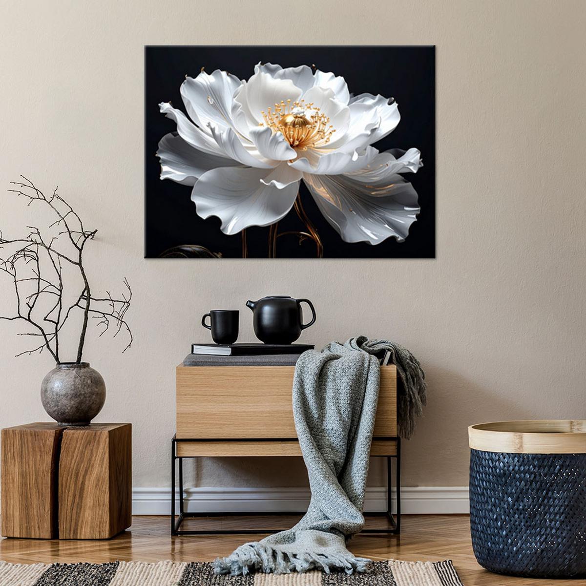 WANDBILD, Große weiße Blume auf schwarzem Hintergrund - Weiß, Textil (120/80cm) - Feeby