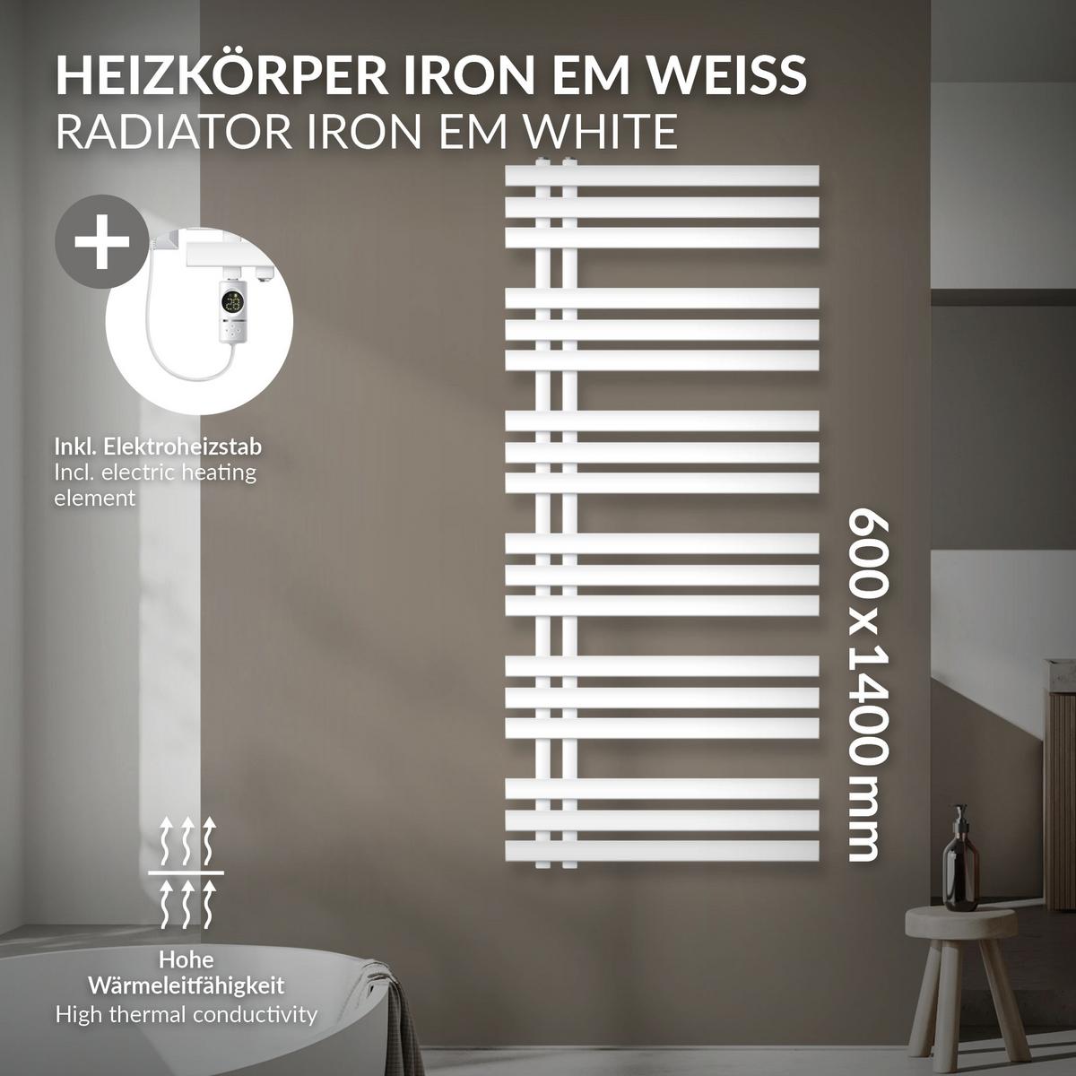 BADHEIZKÖRPER elektrisch IRON EM 600x1400 mm Weiß mit Heizstab 900W Digital - Weiß, Metall (60/140/3cm) - LuxeBath