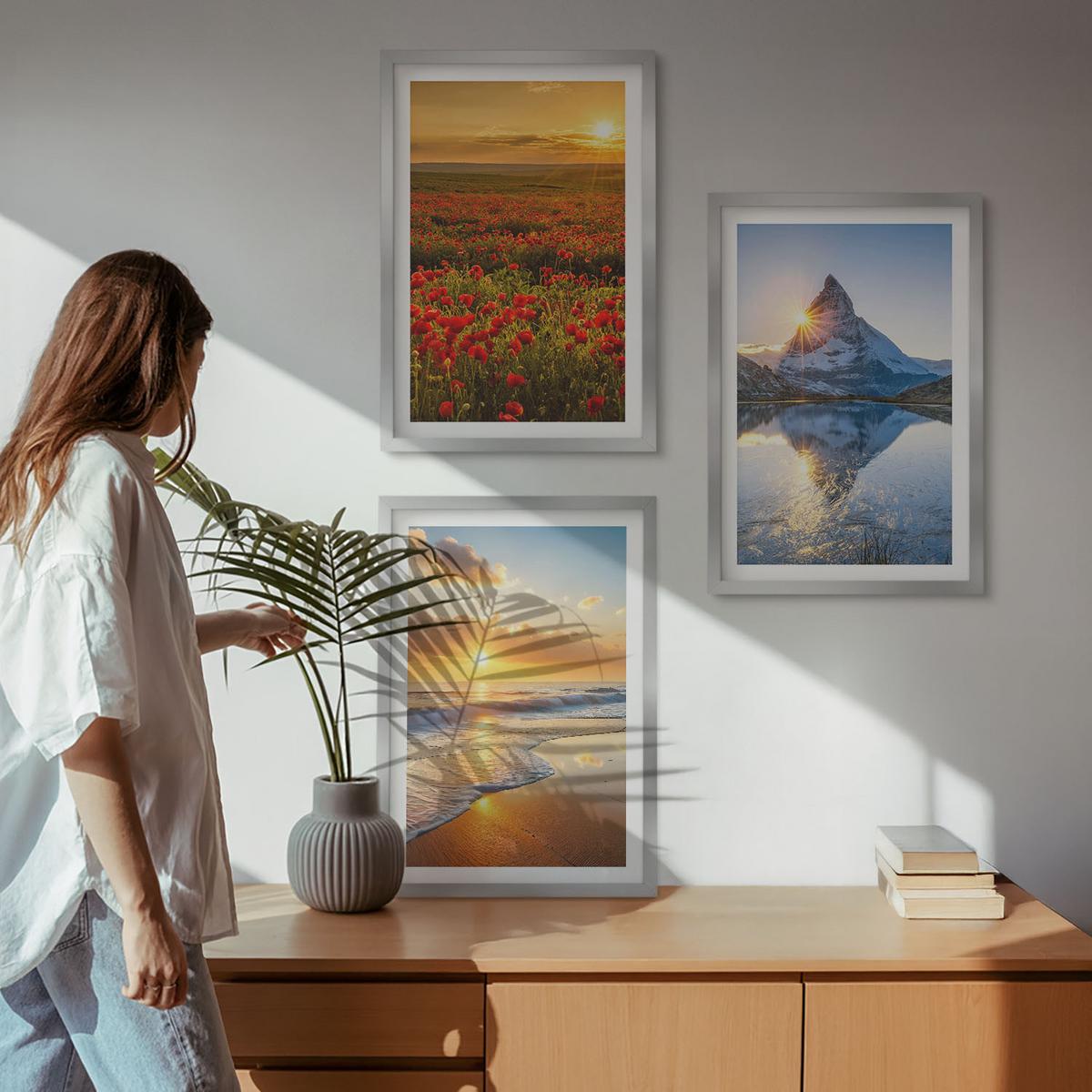 BILDER SET 3er Set - 40x60 cm Silberner Rahmen - Landschaften aus Bergen und Meeren im Westen - Silberfarben, Kunststoff (40/60cm) - TULUP