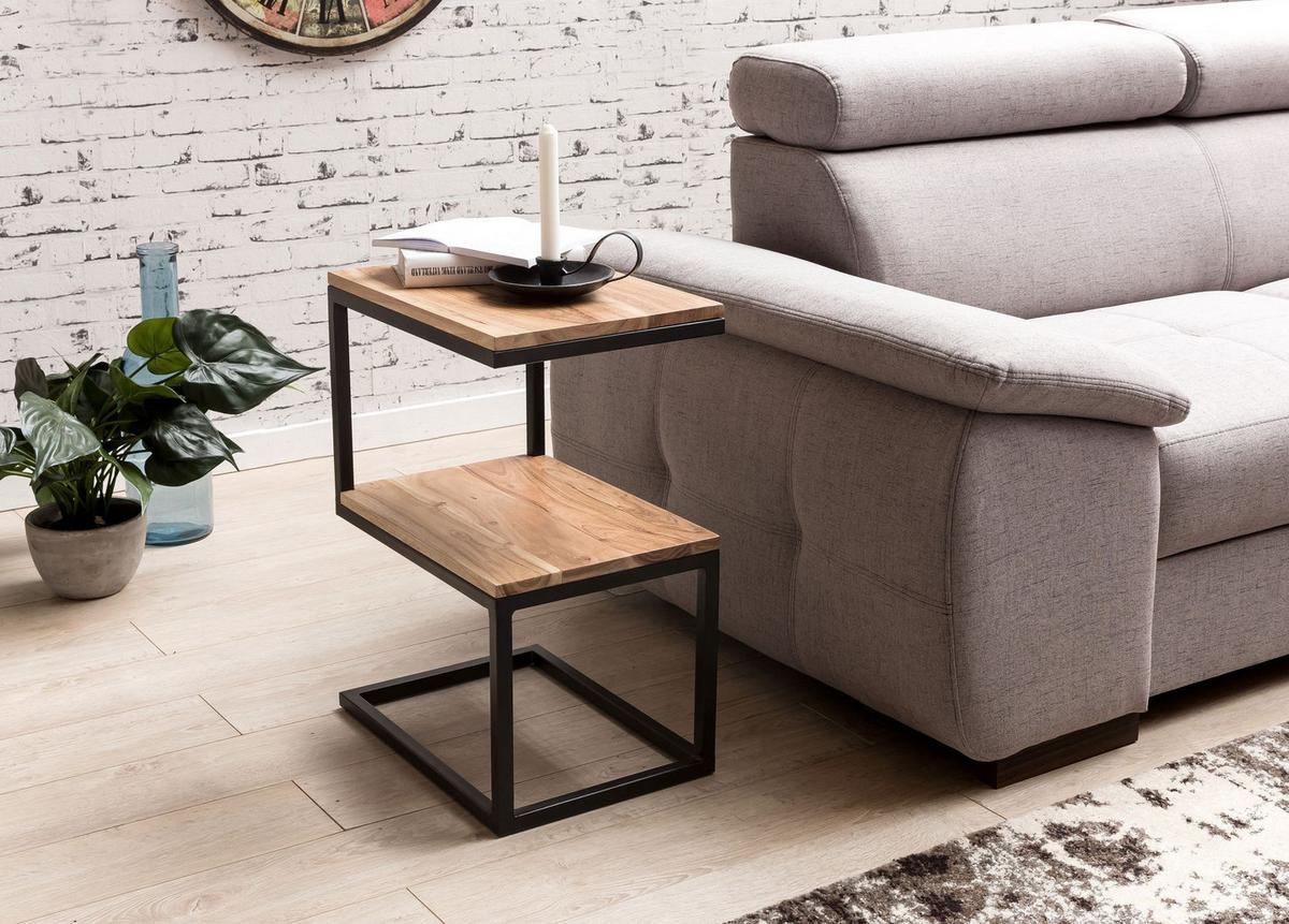 BEISTELLTISCH Massivholz Metall S-Form Landhausstil AKOLA, Akazie 30x45x60 cm - Schwarz/Akaziefarben, Holz/Metall (45/30/60cm) - KADIMA DESIGN