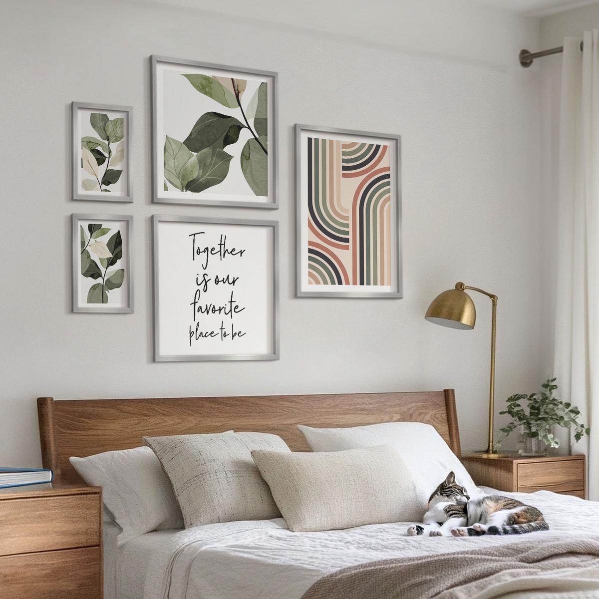 BILDER SET 5er Set - 50x50 cm & 20x30 cm & 40x60 cm Silberner Rahmen - Geometrische Pflanzenmotive - Silberfarben, Kunststoff (40/60cm) - TULUP