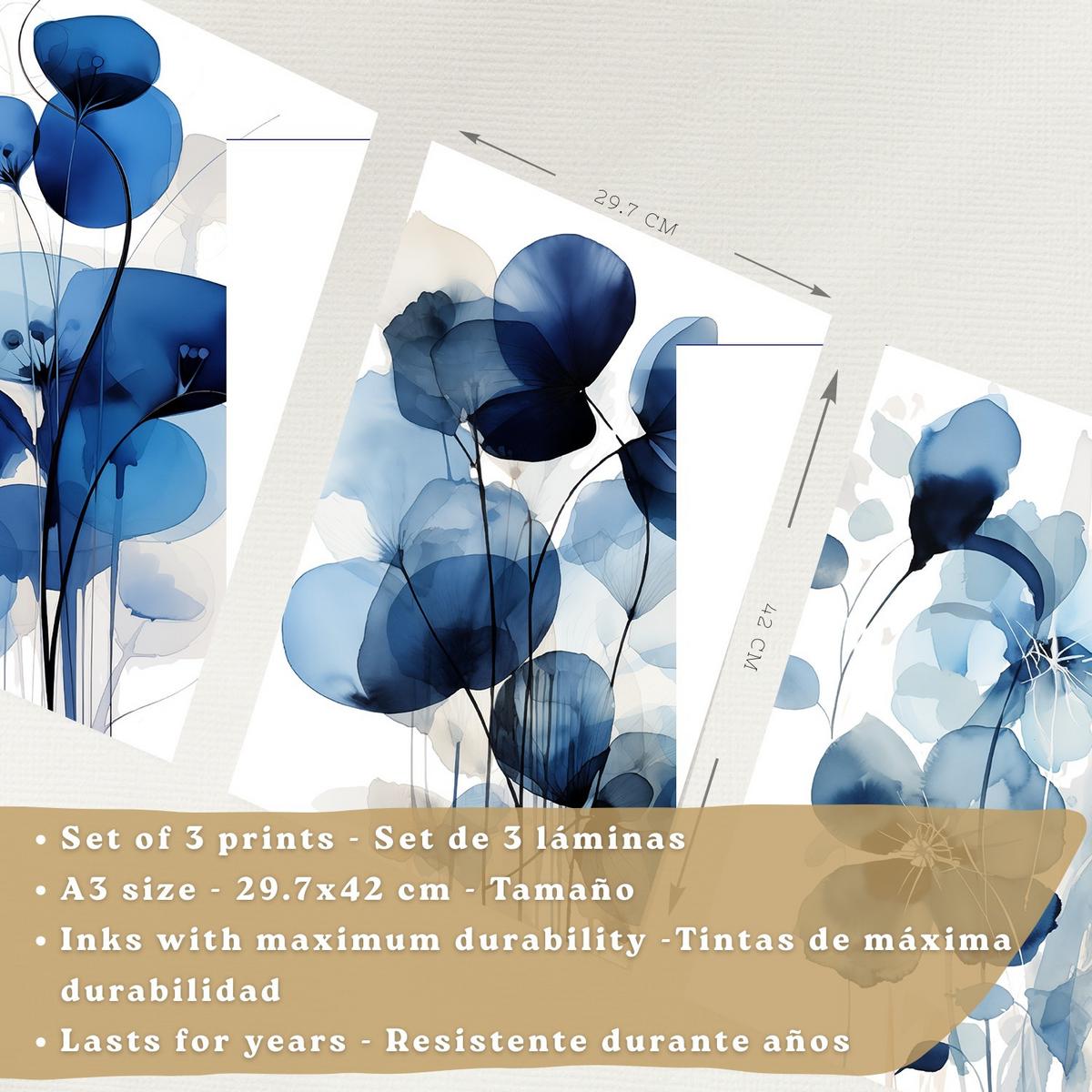 POSTER 3er-Set Wandbilder Blumen Blau modern Wohnzimmer Deko, Schlafzimmer, Küche, Badezimmer Leichter Holzrahmen A3 - Beige, Papier (29.7/1/42cm) - Nacnic