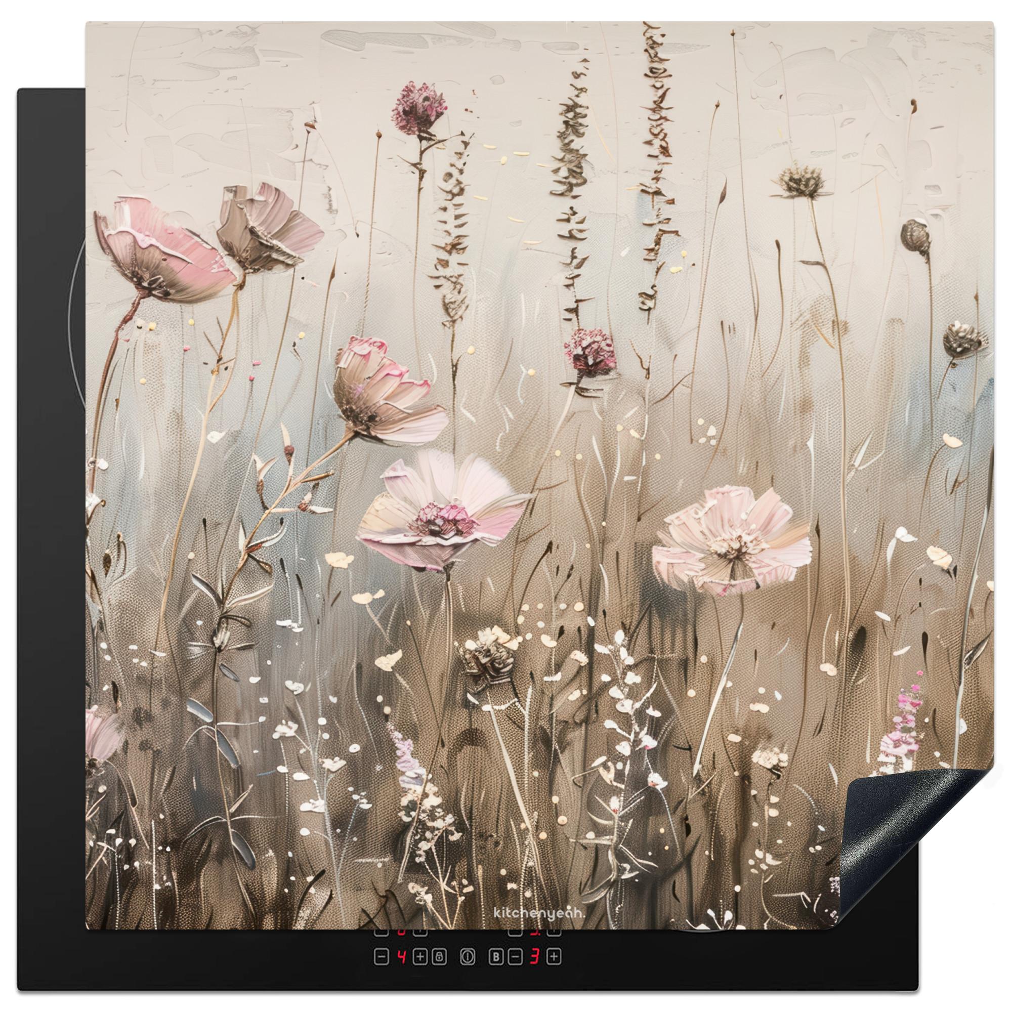 HERDABDECKPLATTE Blumen - Beige - Trockenblumen Induktionsmatte 78x78 cm - Beige, Kunststoff (78/78/0.2cm) - MuchoWow