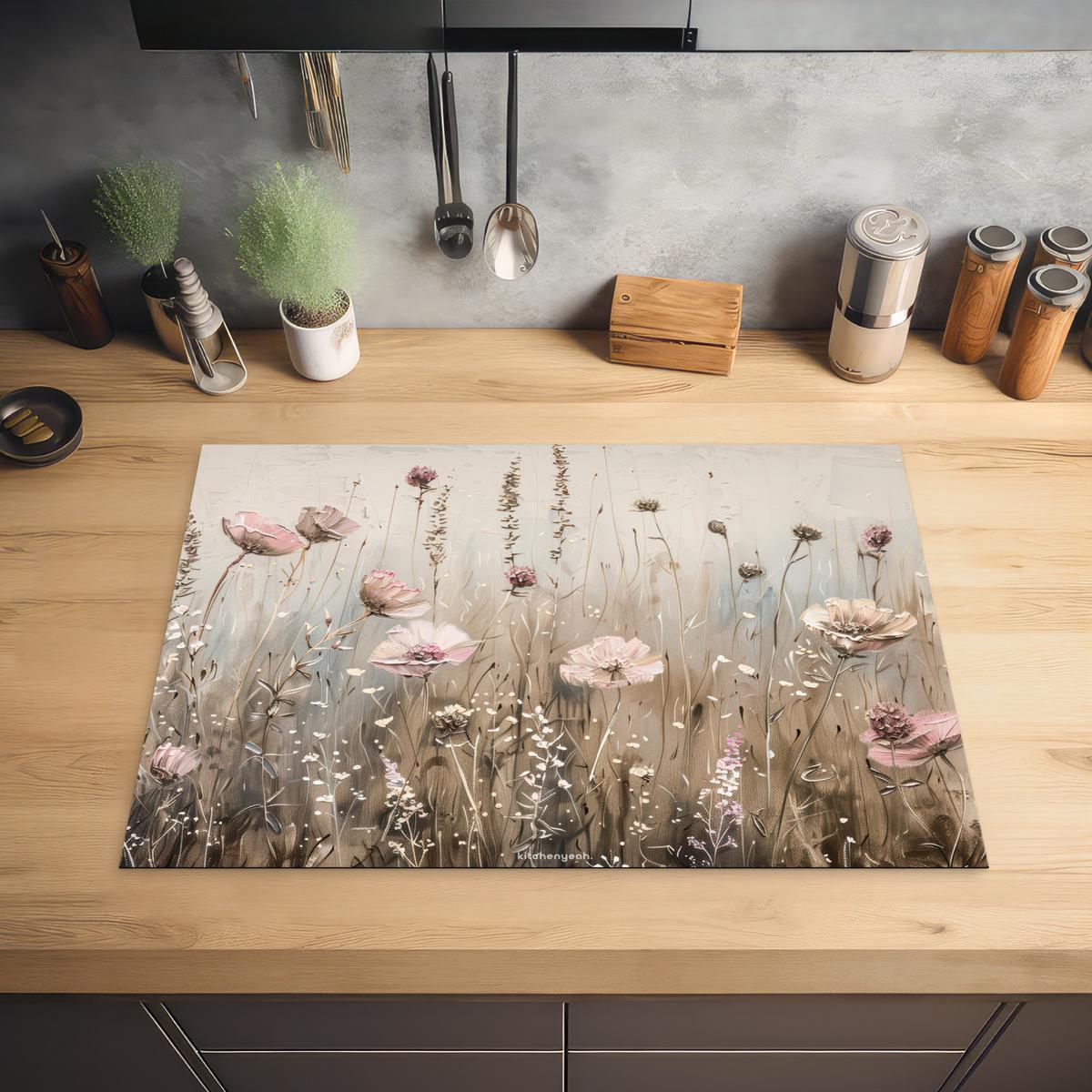 HERDABDECKPLATTE Blumen - Beige - Trockenblumen Herdabdeckung Induktionsfeld 75x52 cm - Beige, Kunststoff (75/52/0.2cm) - MuchoWow