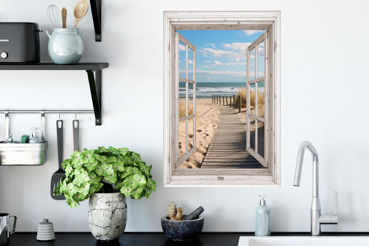WANDTATTOO Fenster - Meer - Küste - Natur - Ausblick - Strand - Wattenmeer Wandbild 40x60 cm - Beige, Kunststoff (40/60/0.1cm) - MuchoWow