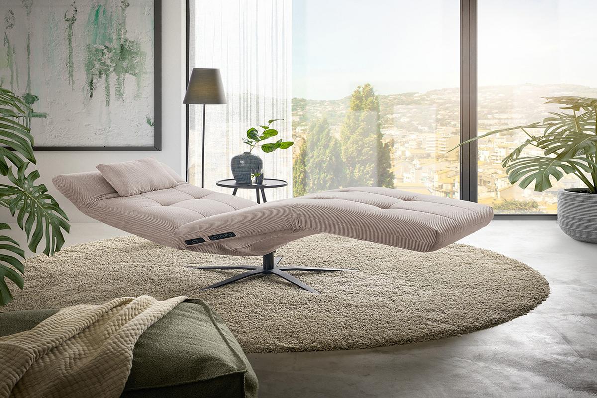 RELAXLIEGE LETICIA Beige Cord Drehbar (360°), Relaxfunktion - Beige/Schwarz, Textil/Metall (82/115/156cm) - KAWOLA