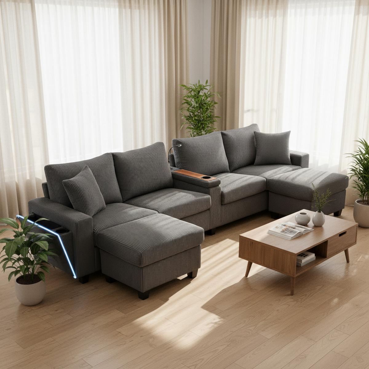 ECKSOFA aus Cord in Grau mit LED-Beleuchtung & smarten USB-Anschlüssen - Grau, Textil (128.5/334cm) - Urban Meuble