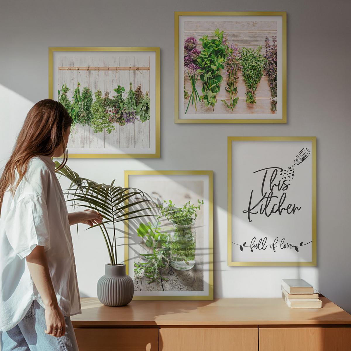 BILDER SET 4er Set - 50x50 cm & 40x60 cm Goldrahmen - Küchenthema: Getrocknete Kräuter - Goldfarben, Kunststoff (50/50cm) - TULUP
