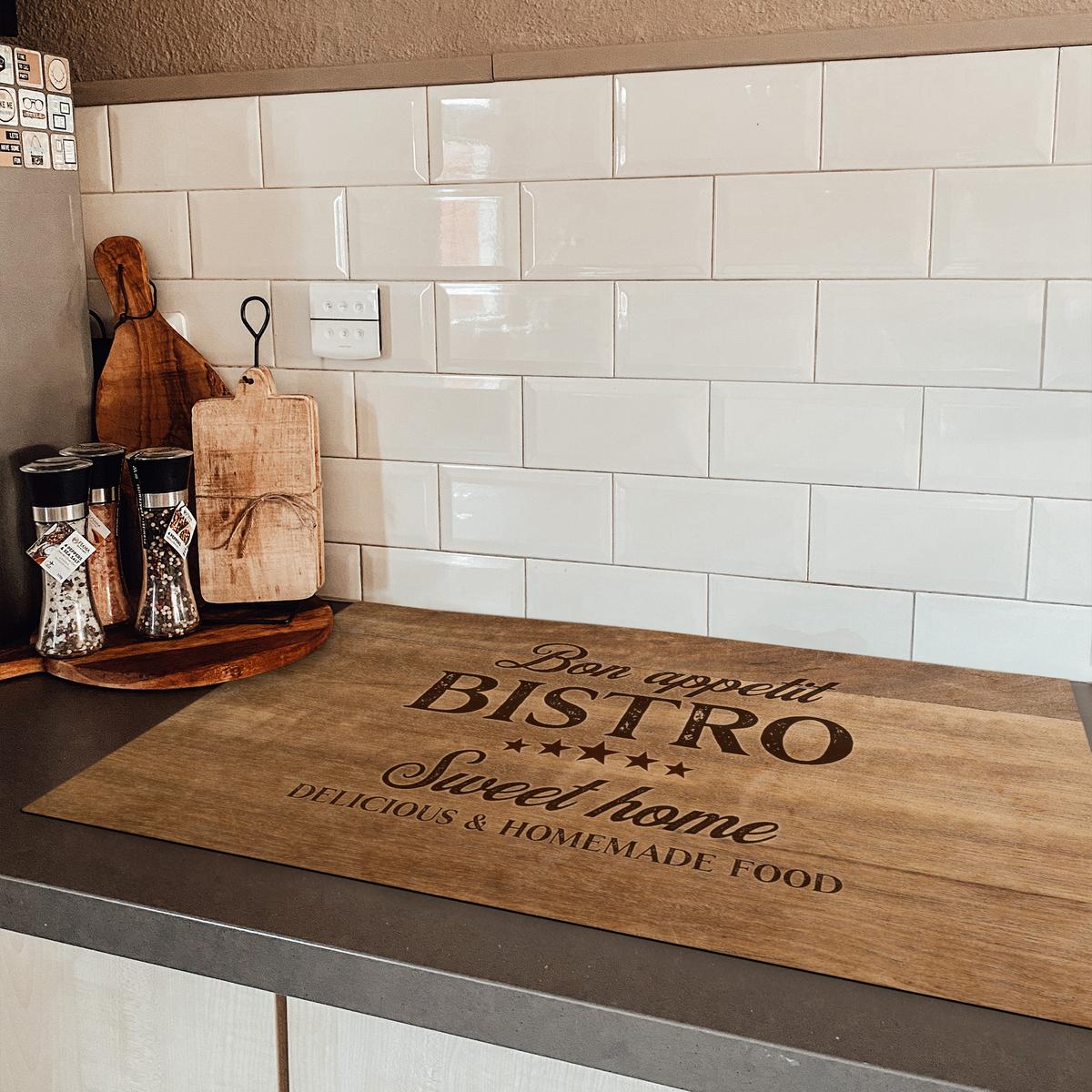 HERDABDECKPLATTE Zitat - Bistro - Guten Appetit - Süßes Zuhause - Holzmaserung Induktionsmatte 83x51 cm - Braun, Kunststoff (83/51.5/0.2cm) - MuchoWow
