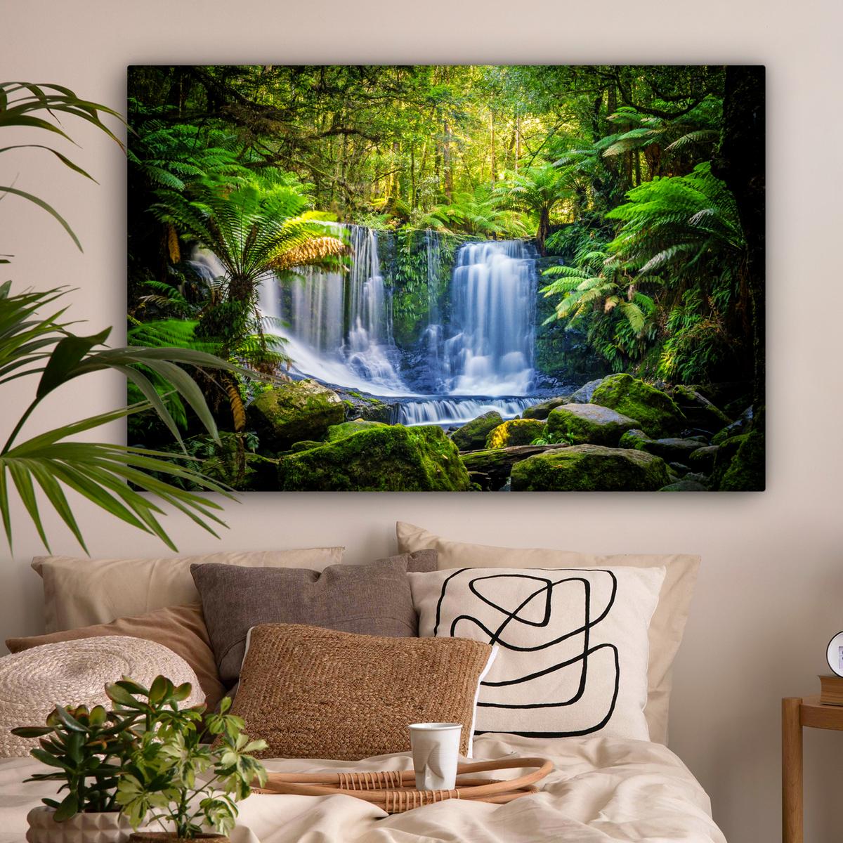 LEINWANDBILD Dschungel - Wasserfall - Australien - Pflanzen - Natur XXL 150x100 cm - Dunkelgrün, Textil (150/100cm) - MuchoWow