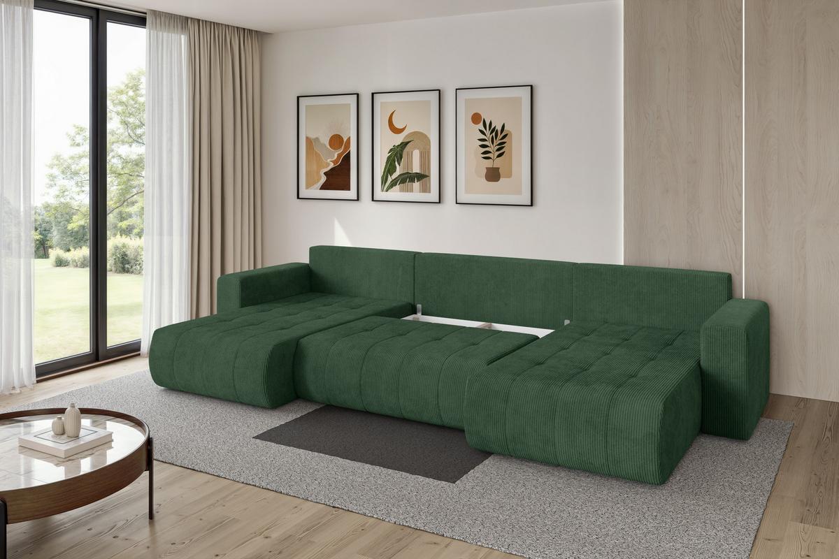WOHNLANDSCHAFT mit Schlaffunktion und Bettkasten MILA-U 378x194x86 Grün Cord - Dunkelgrün/Schwarz, Holzwerkstoff/Kunststoff (378/86/194cm) - ALTDECOR