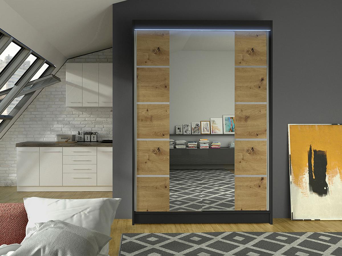 SCHWEBETÜRENSCHRANK Lino V mit RGB LED Beleuchtung - Schwarz/Eiche Artisan, Holzwerkstoff/Metall (120/200/58cm) - MIRJAN24