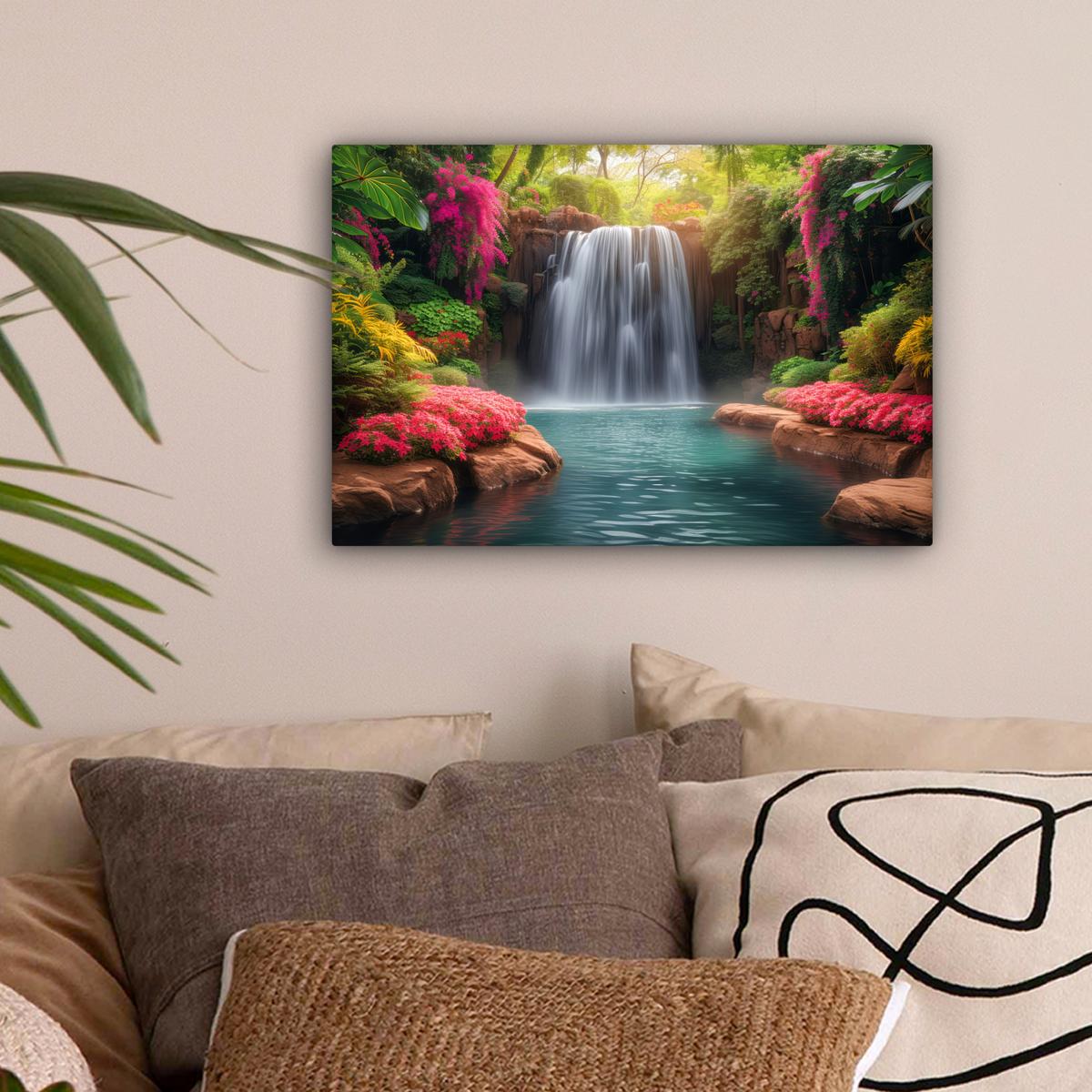 LEINWANDBILD Wasserfall - Natur - Pflanzen - Dschungel - Wasser Deko Schlafzimmer 30x20 cm - Grün, Textil (30/20cm) - MuchoWow