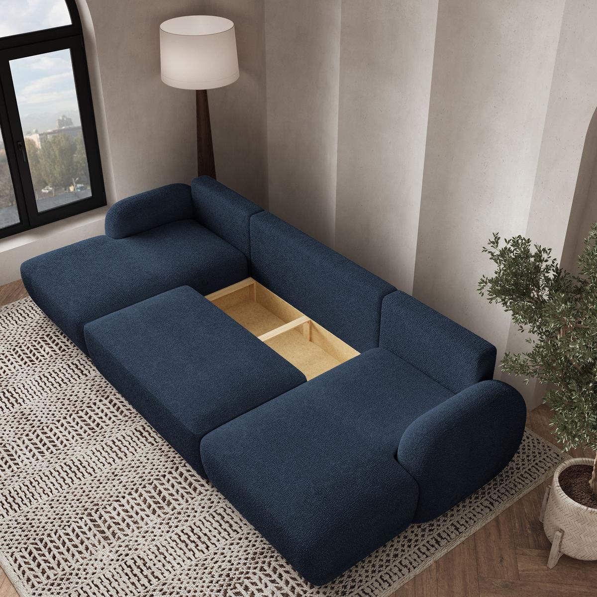 WOHNLANDSCHAFT SAVONA N Blau Boucle-Stoff mit Schlaffunktion - Blau/Schwarz, Holz/Kunststoff (320/90/148cm) - MASSENO