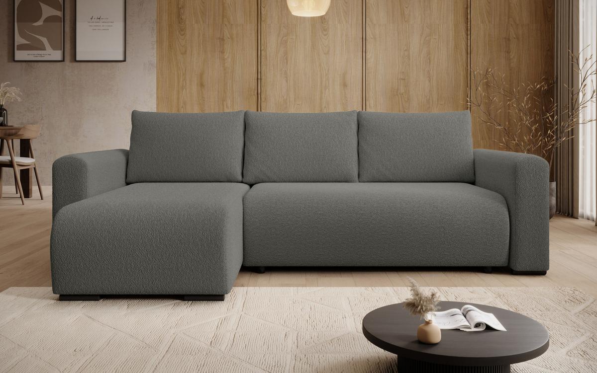 ECKSOFA DORA L, Eckcouch in L-Form mit Schlaffunktion und Bettkasten, Farbe: Dunkelgrau, Bouclé-Stoff, Ottomane Links - Dunkelgrau, Textil (240/143cm) - Storez24