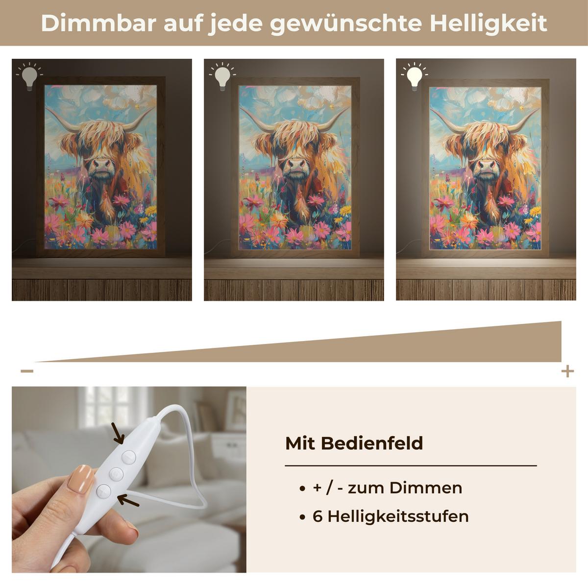 WANDLEUCHTE Schottische Hochländer - Natur - Farbenfroh - Blumen 20x30 cm - Multicolor, Holzwerkstoff (20/30/8cm) - OnlyWow