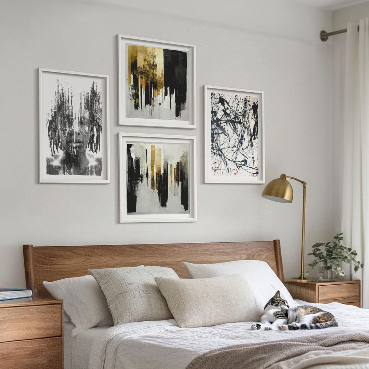 BILDER SET 4er Set - 50x50 cm & 40x60 cm Weißer Rahmen - Kontrastierende abstrakte Porträts - Weiß, Kunststoff (50/50cm) - TULUP