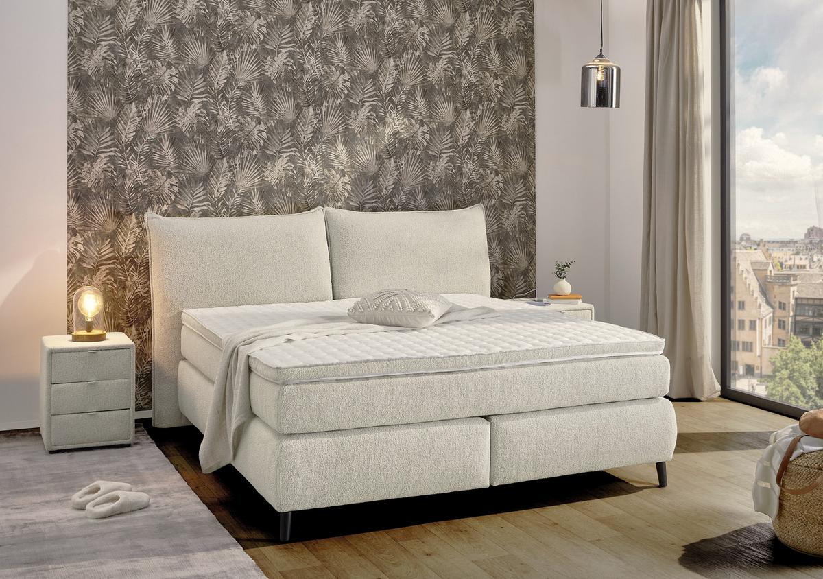 BOXSPRINGBETT 180x200 cm, Kopfteil m.Keder, 7-Zonen-Tonnentaschen-Federkernmatratzen H3+H4, Topper, Bonell-Federkern, Flachgewebe Beige Grau / 20020 - Greige/Schwarz, Textil/Metall (180/200cm) - luma-home