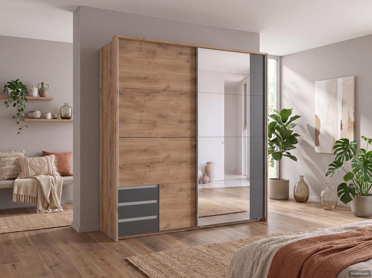 SCHWEBETÜRENSCHRANK 2-türig B183/H200/T65 cm, Passepartout-Kleiderschrank in Eiche Dekor mit Spiegel, 1x Tür & sichtbare Schubkästen in Grafit / 22713 - Eichefarben/Graphitfarben, Holz/Holzwerkstoff (183/200/65cm) - luma-home
