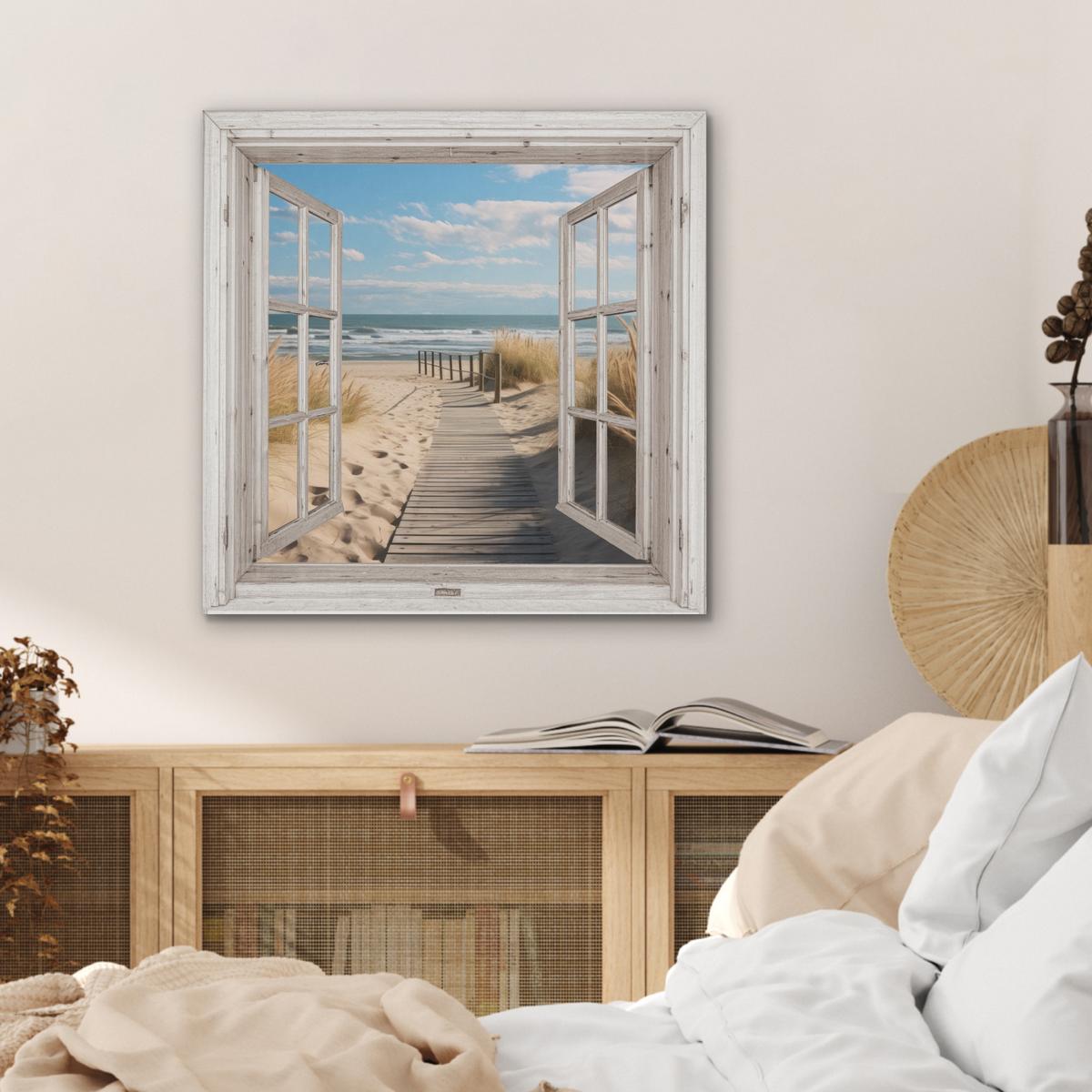 AKUSTIKBILD Fenster - Meer - Küste - Natur - Ausblick - Strand - Wattenmeer Wandbilder 60x60 cm - Beige, Kunststoff (60/60/0.9cm) - MuchoWow