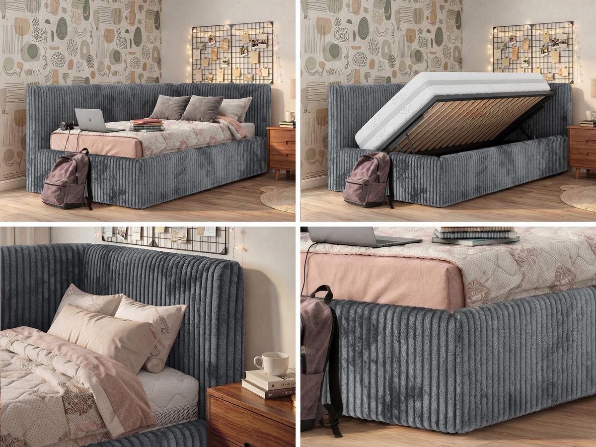 POLSTERBETT TILVO 90/200 - Grau Cord - Multitaschenfederkernmatratze - Rechts - Grau, Textil (200/90cm) - MKS