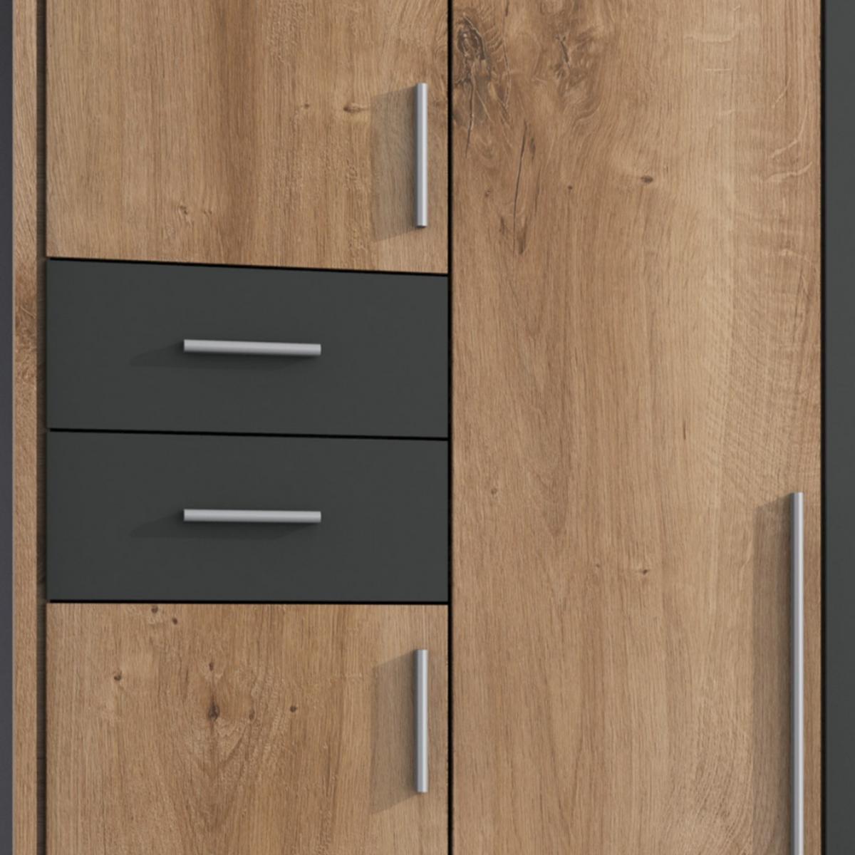 DREHTÜRENSCHRANK B313/H210/T58 cm in Eiche Dekor mit Absetzungen in Grafit, Kleiderschrank mit Passepartout & 3 Spiegeltüren & Schubkästen / 22582 - Eichefarben/Silberfarben, Holzwerkstoff/Kunststoff (313/210/58cm) - luma-home