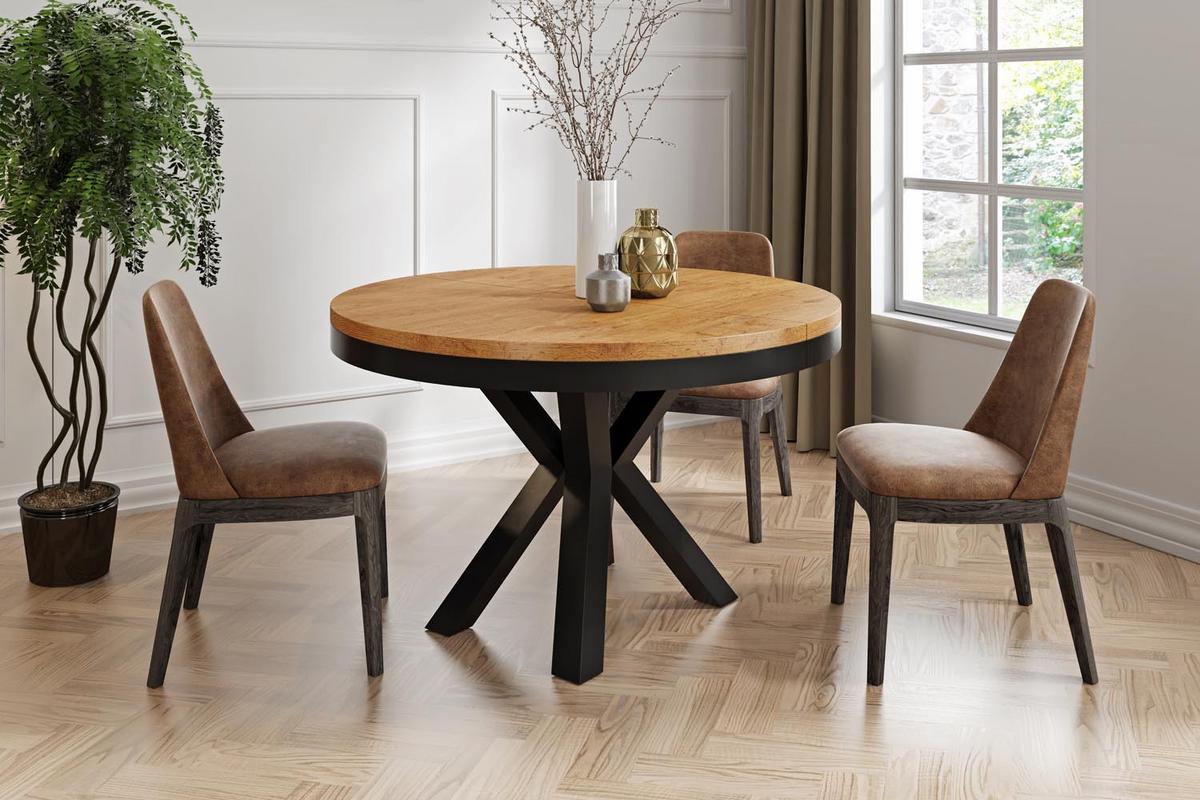 ESSTISCH Clara runder ausziehbarer, Lancelot Eiche 100-180/100/76 cm - Eichefarben/Schwarz, Holzwerkstoff/Metall (180/100/76cm) - WFL GROUP