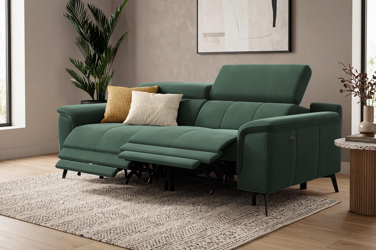 SOFA RELAX FIERO 3-Sitzer, Grüner Veloursstoff - Schwarz/Grün, Holz/Textil (212/82/103cm) - Courtois Laville