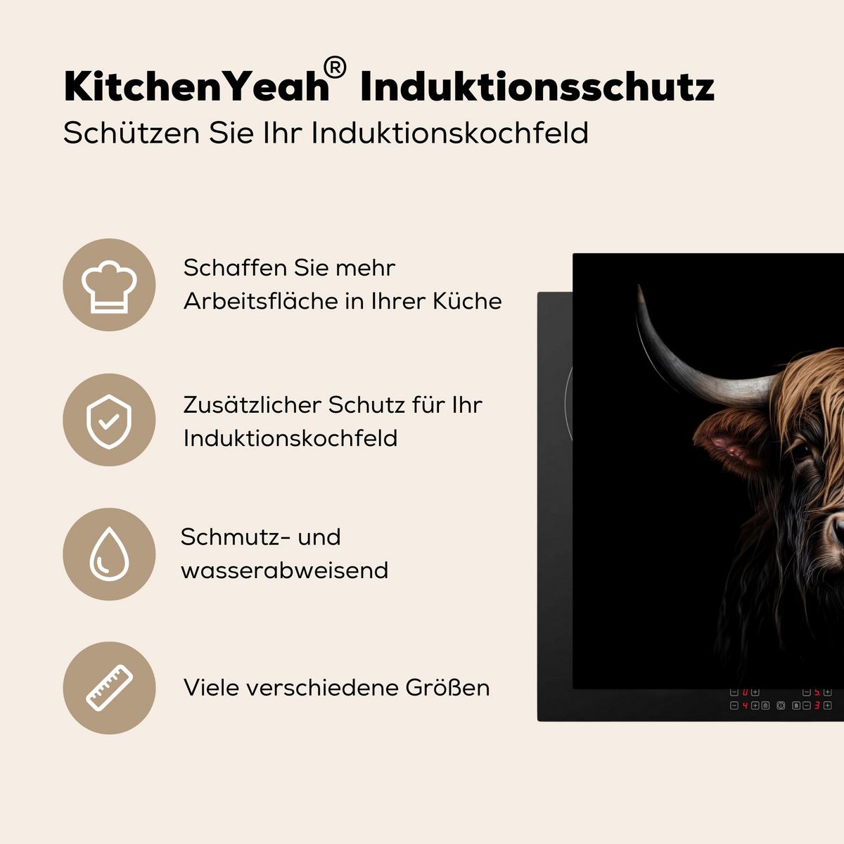 HERDABDECKPLATTE Schottischer Highlander - Porträt - Schwarz - Tier Herdabdeckung Induktionsfeld 70x52 cm - Braun, Kunststoff (70/52/0.2cm) - MuchoWow