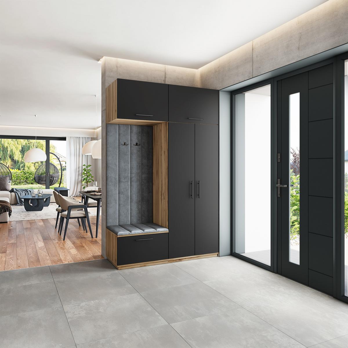 GARDEROBENSCHRANK REMA 150/240/60 cm Modern Garderobe-Set Eiche Wotan - Eiche Wotan/Schwarz, Holzwerkstoff (150/240/60cm) - MASSENO