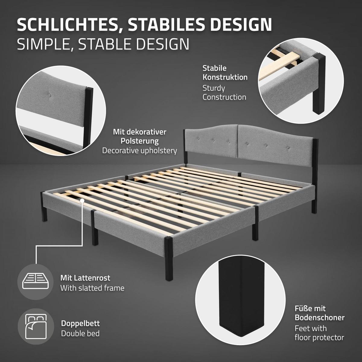 POLSTERBETT 180x200 cm Grau mit Lattenrost und Leinenstoff - Grau, Holzwerkstoff/Textil (180/200cm) - ML-DESIGN