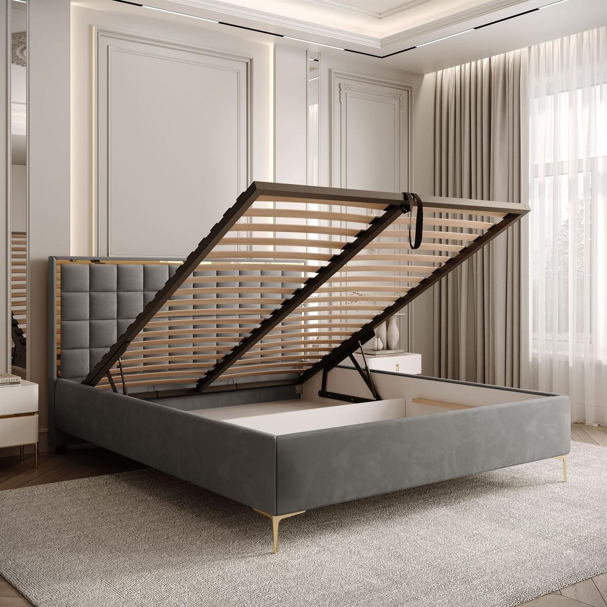 POLSTERBETT ISADORA GOLD mit Bettkasten 160x200 cm Royal Velvet 250 - Grau, Textil - Lookway
