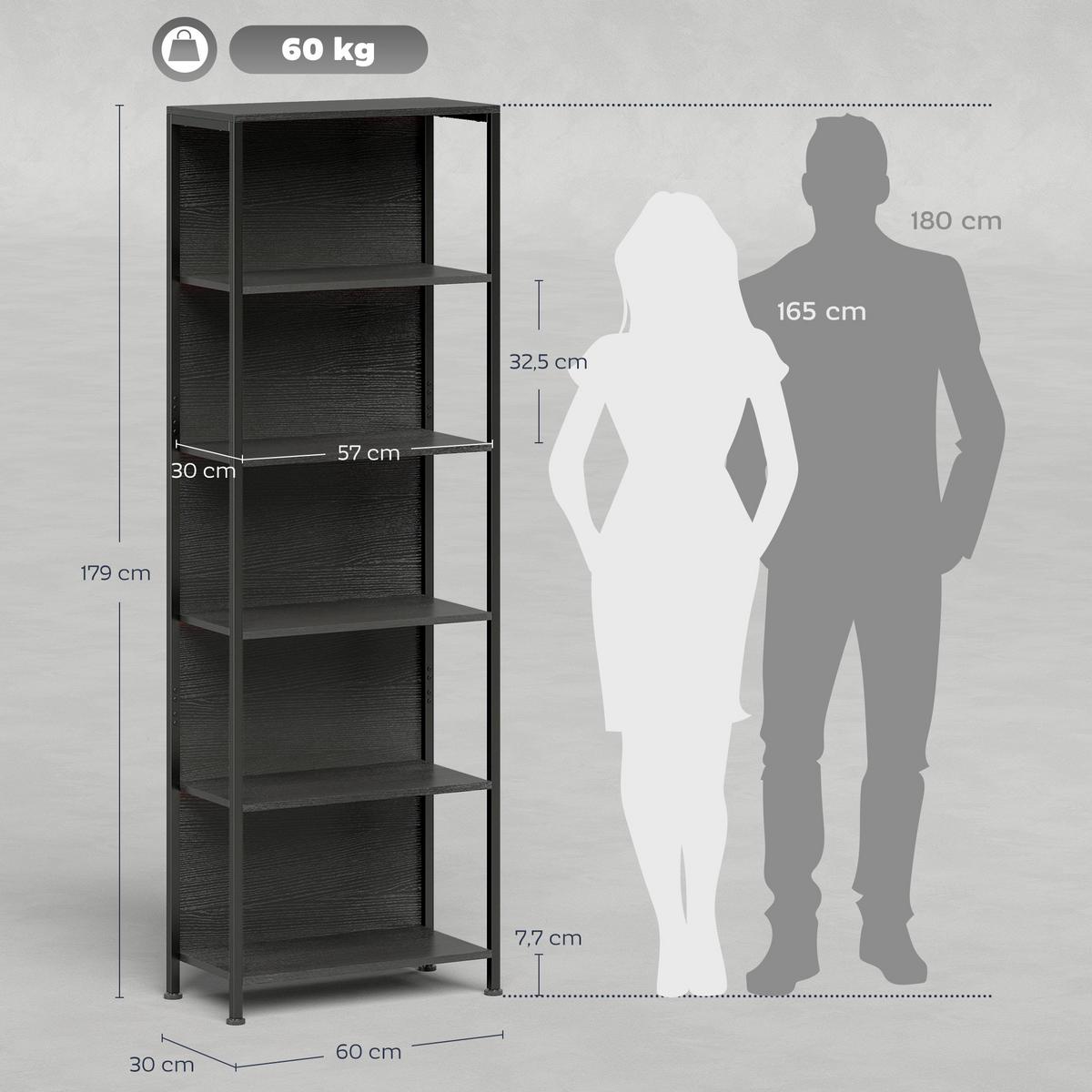 BÜCHERREGAL mit 5 Ebenen Standregal mit LED-Beleuchtung, 7 Lichtfarben, Schwarz - Schwarz, Holzwerkstoff/Metall (30/179/60cm) - HOMCOM