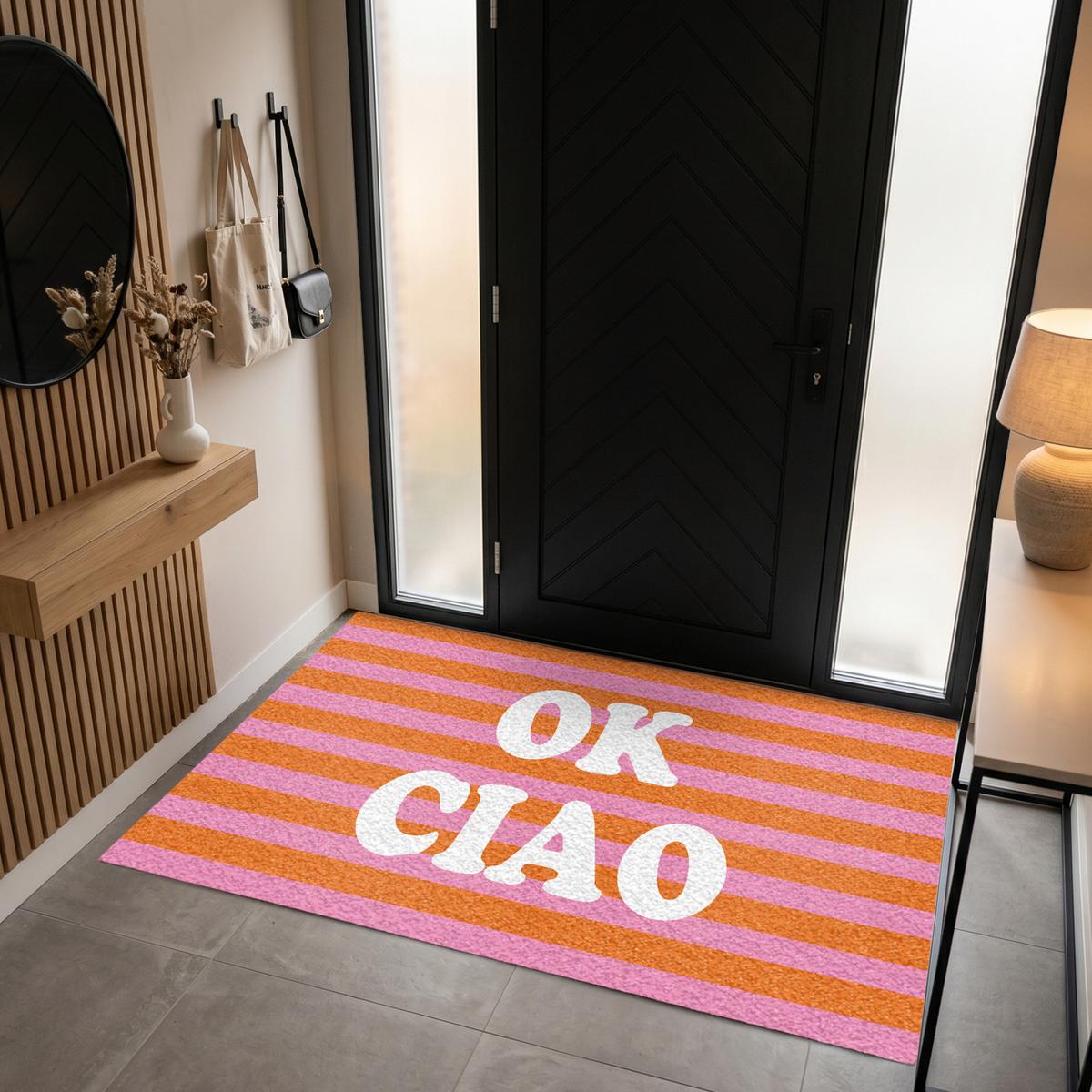 FUSSMATTE Ciao - Zitat - Streifen Sauberlaufmatte 180x120 cm - Orange, Kunststoff (180/0.4cm) - MuchoWow