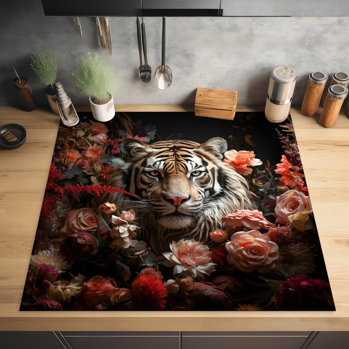 HERDABDECKPLATTE Tiger - Tier - Natur - Floral - Botanisch Induktionsmatte 78x78 cm - Orange, Kunststoff (78/78/0.2cm) - MuchoWow