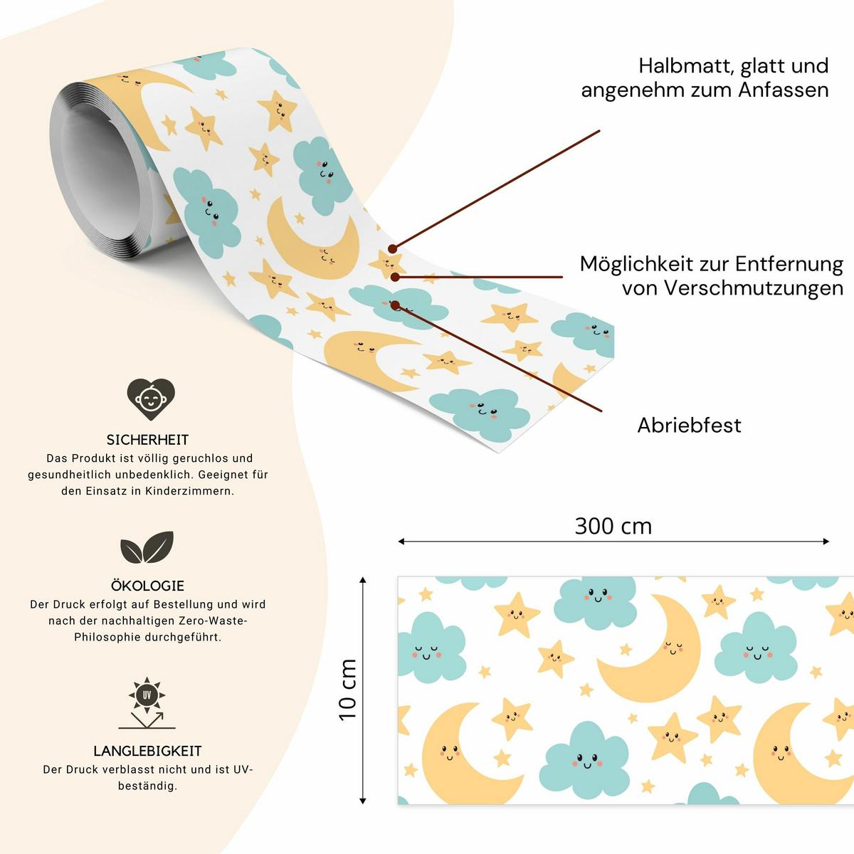 TAPETENBORDÜRE selbstklebend für Kinderzimmer WOLKEN Sterne Monde - Blau/Weiß, Papier (10/300/300cm) - Muralo
