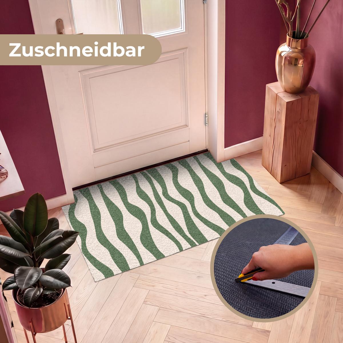 FUSSMATTE Wellenlinien - Beige - Grün - Streifen - Abstrakt Fußabtreter 120x80 cm - Dunkelgrün, Kunststoff (120/0.4cm) - MuchoWow